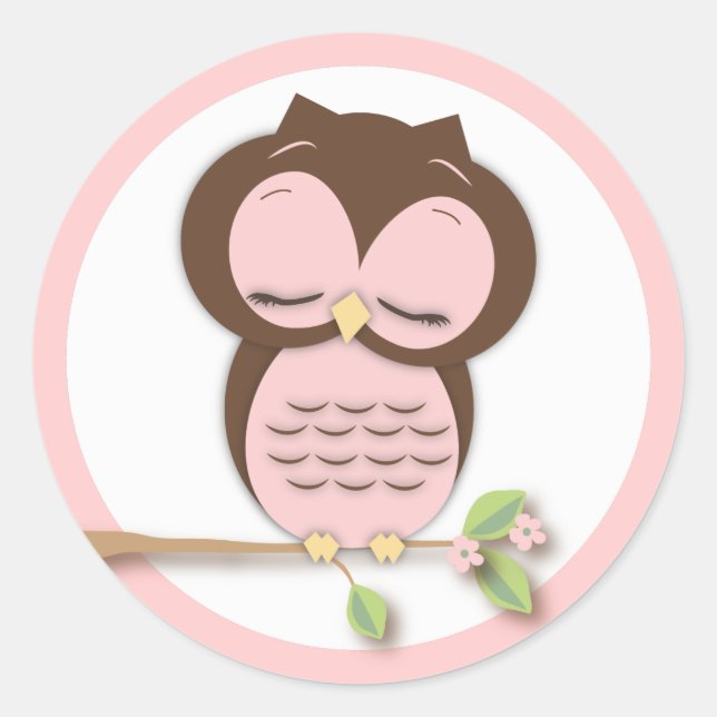 Sweet Little Sleepy Girl Owl on a Branch Classic Round Sticker (Front)