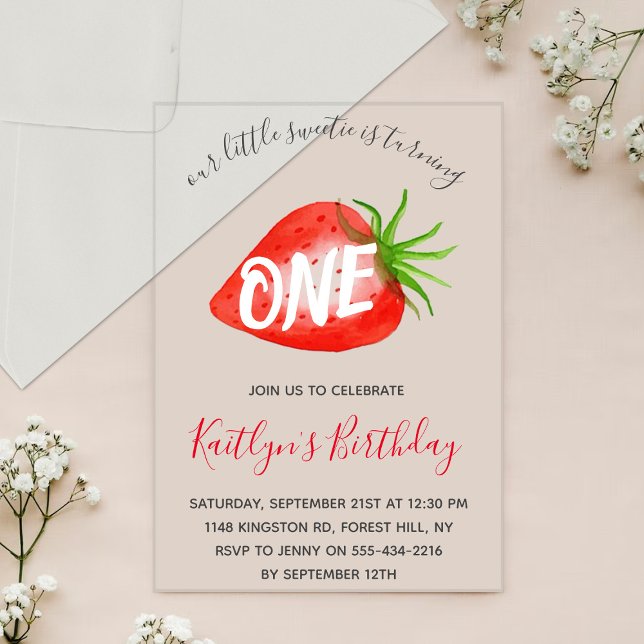 Sweet Little Strawberry 1st Birthday Acrylic Invitations (Creator Uploaded)