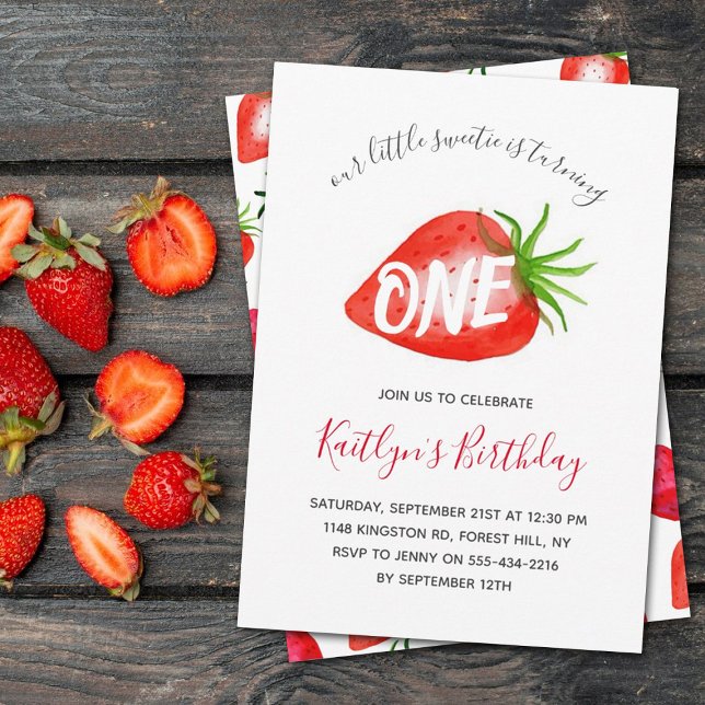 Sweet Little Strawberry 1st Birthday Invitation (Creator Uploaded)