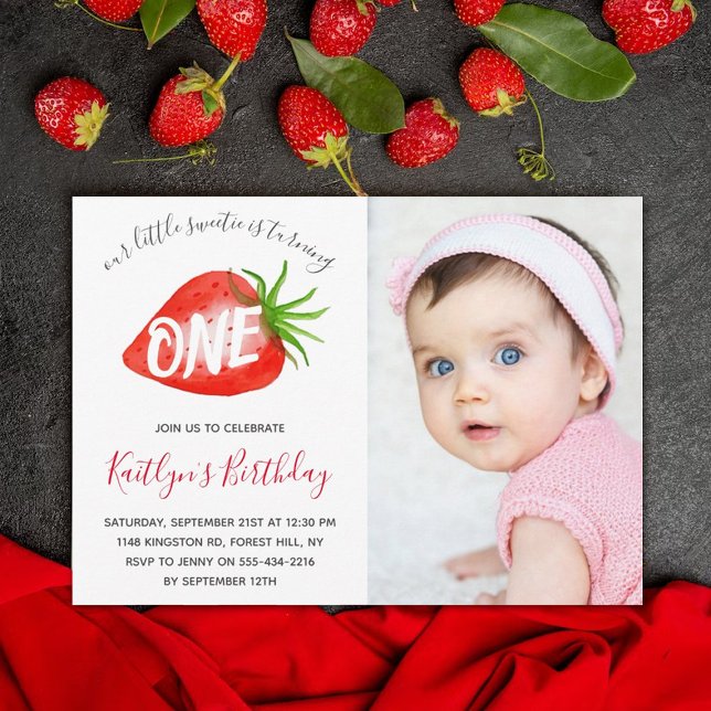 Sweet Little Strawberry 1st Birthday Photo Invitation (Creator Uploaded)