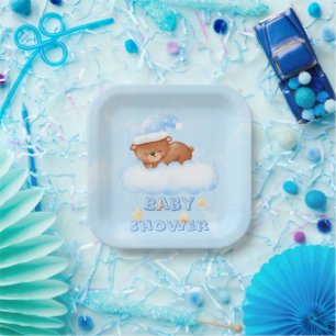 Sweet Little Teddy Bear Boy Baby Shower Paper Plate