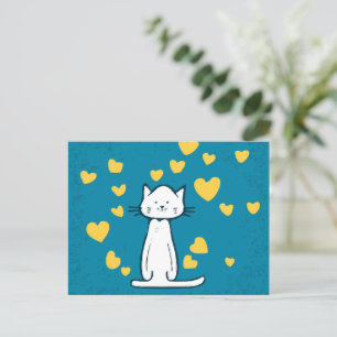 sweet little white cat with lots of hearts postcard