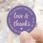 Sweet Love & Thanks Lavender Purple Simple Script Classic Round Sticker<br><div class="desc">Add a personalised touch to party favours and thank you notes with custom "love and thanks" round stickers / envelope seals. All wording on this template is simple to customise for any occasion, such as wedding, bridal shower, graduation, birthday party, anniversary or retirement. The lavender purple design features modern script...</div>