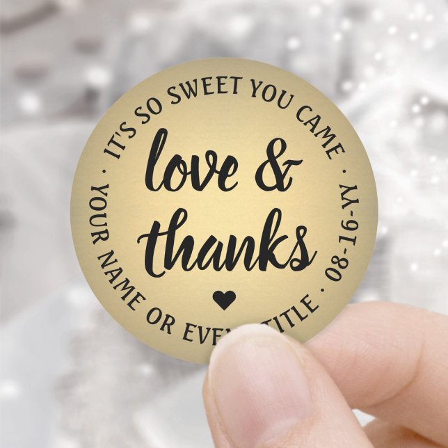 Sweet Love & Thanks Script Black & Gold Faux Foil Classic Round Sticker (Creator Uploaded)