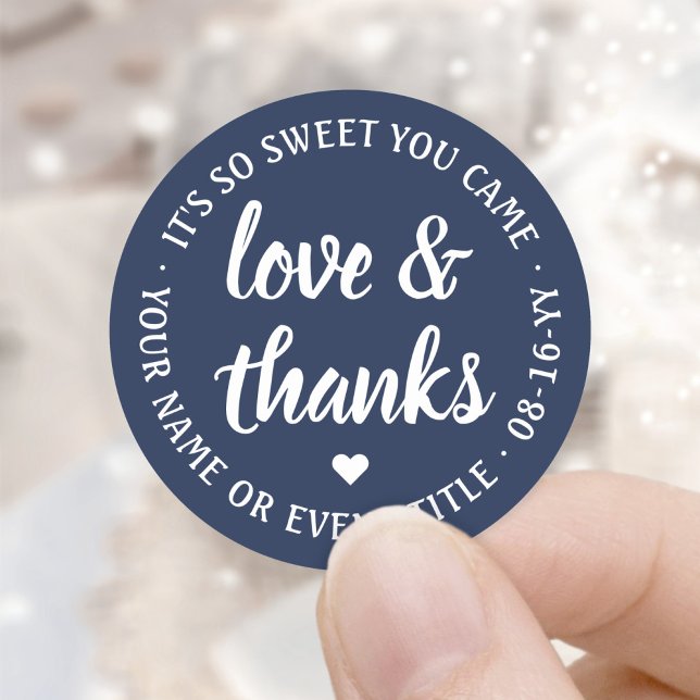 Sweet Love & Thanks Script Navy Blue & White Classic Round Sticker (Creator Uploaded)