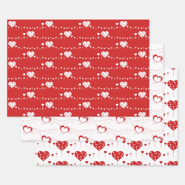 Sweet Lovely Romantic Red White Hearts Wrapping Paper Sheet (Set)