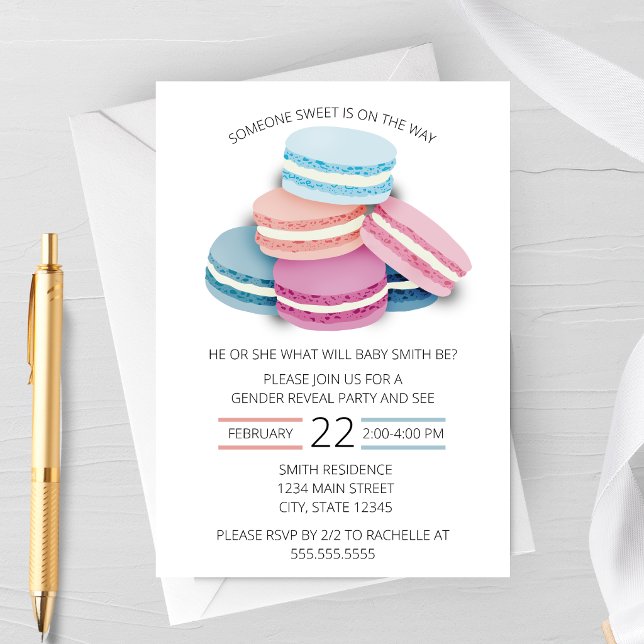 Sweet Macaron Gender Reveal Party Invitation (Macaron Gender Reveal Invitation | Sweet Dessert Gender Reveal Party Invitation)