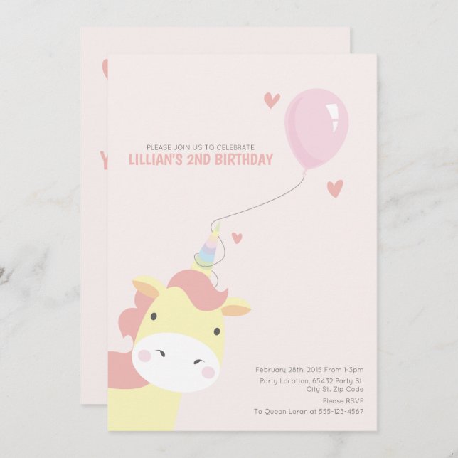 Sweet, Magical Birthday Unicorn Invitations (Front/Back)