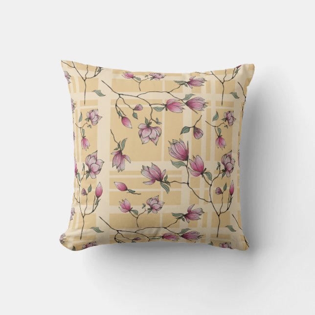 Sweet Magnolia Blossoms on Yellow Plaid Cushion (Front)