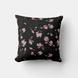 Sweet Magnolias Pink Blossoms on Black Cushion