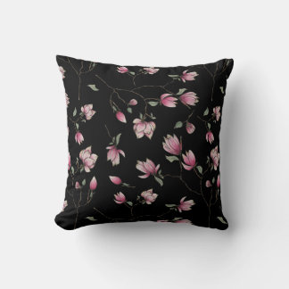 Sweet Magnolias Pink Blossoms on Black Cushion