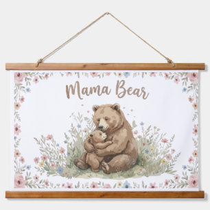Sweet Mama Bear and Baby Bear Floral Watercolor  Hanging Tapestry