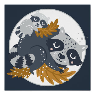Sweet Mama Racoon and Baby Napping Poster