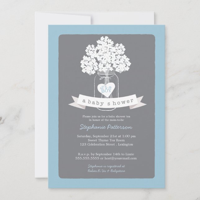 Sweet Mason Jar Blue | Grey Baby Shower Invitation (Front)