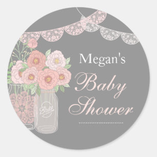 Sweet Mason Jar Pink Grey Baby Shower Sticker