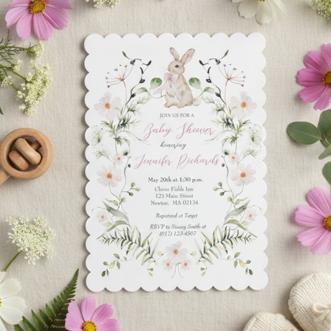 Sweet Meadow Bunny & Wildflowers Baby Shower Invitation (Creator Uploaded)