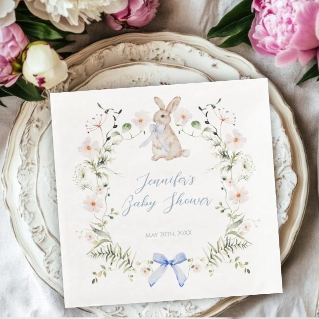 Sweet Meadow Bunny Wildflowers Bow Baby Shower Napkin (Creator Uploaded)