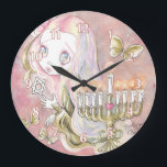 Sweet Menorah Girl Large Clock<br><div class="desc">An original painting in acrylics entitled: "Sweet Menorah Girl". A beautiful and sweet depiction of a young Jewish girl and a golden menorah, filled with pretty white candles. Original Art © by Angela Flemming. All The Materials Contained May Not Be Reproduced, Copied, Edited, Modified, Published, Transmitted Or Uploaded In Any...</div>