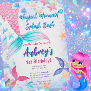 Sweet Mermaid Birthday Pink Purple Teal Watercoler Invitation