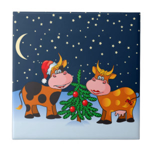 Sweet Merry Christmas Cow Couple By Christmas Tree Ceramic Tile