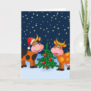 Sweet Merry Christmas Cow Couple By Christmas Tree Holiday Card