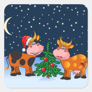 Sweet Merry Christmas Cow Couple By Christmas Tree Square Sticker