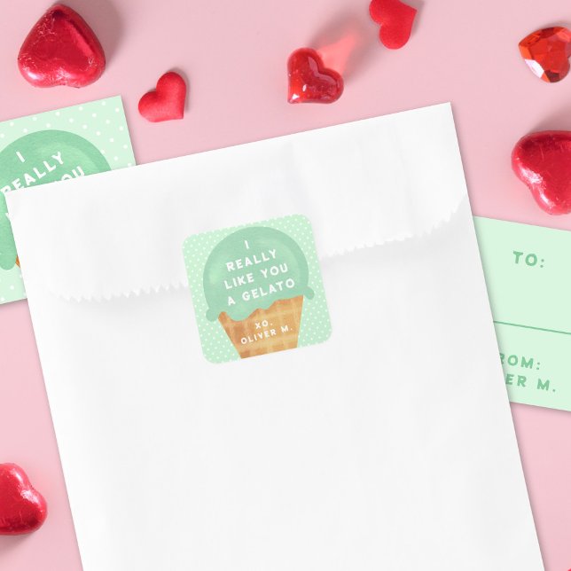 Sweet Mint Gelato Classroom Valentine's Day  Square Sticker (sticker shown with coordinating  classroom Valentine's Day cards)