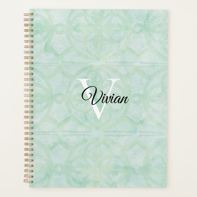 Sweet Mint Green Batik Elegant Monogram Name Planner (Front)