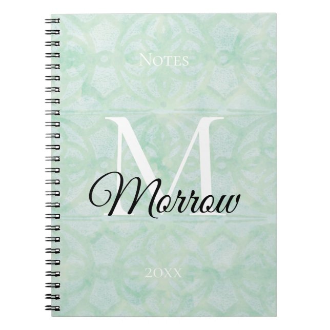 Sweet Mint Green Batik Name and Year Monogrammed  Notebook (Front)