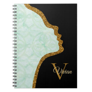 Sweet Mint Green Black And Gold Glitter Face Notebook