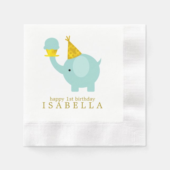 Sweet Mint Green Elephant Birthday Party Napkin (Front)