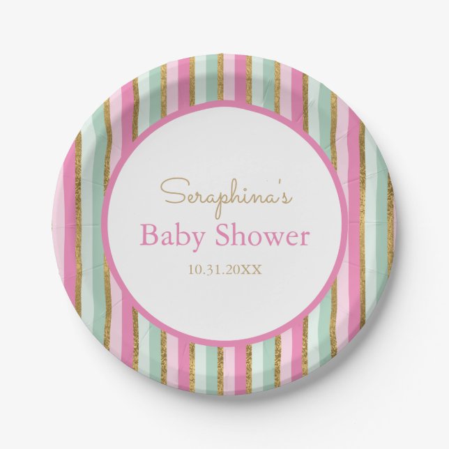 Sweet Mint Green Pink And Gold Stripes Baby Shower Paper Plate (Front)
