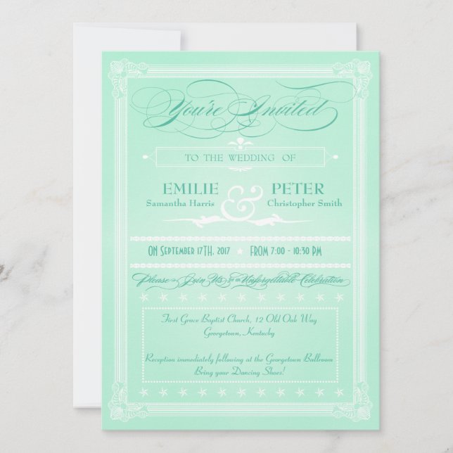 Sweet Mint Green Poster Style Wedding Invitations (Front)