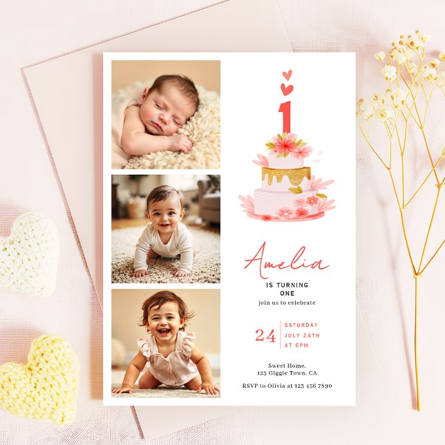Sweet Modern 1st Birthday Invitation Photo Collage (Creator Uploaded)