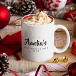 Sweet Modern Custom Name Script Hot Chocolate Mug<br><div class="desc">Sweet Modern Custom Name Script Hot Chocolate Mug with pretty gold stars and spruce illustration on the back.</div>