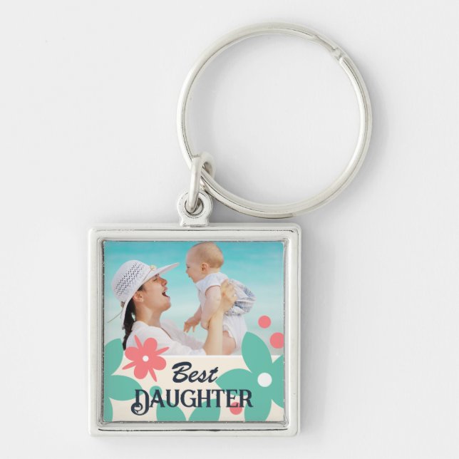 Sweet Modern Floral Best Daughter Photo Key Ring (Front)
