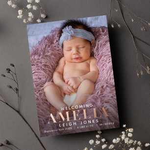 Sweet Modern Foil Photo Birth Announcement