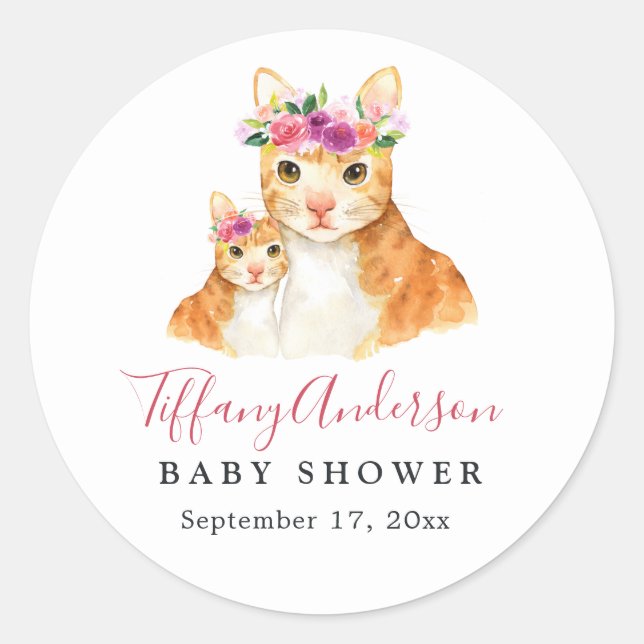 Sweet Mom And Baby Cat Floral Baby Shower Sticker (Front)