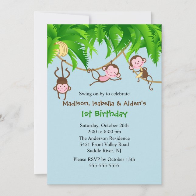 Sweet Monkeys Triplets Birthday Invitation (Front)