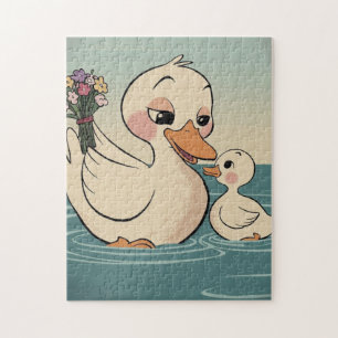 Sweet Mother Duck and Duckling with Flowers Jigsaw Puzzle