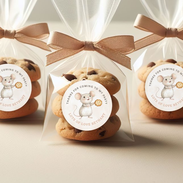 Sweet Mouse and Cookies Birthday Party Thank You Classic Round Sticker (Creator Uploaded)