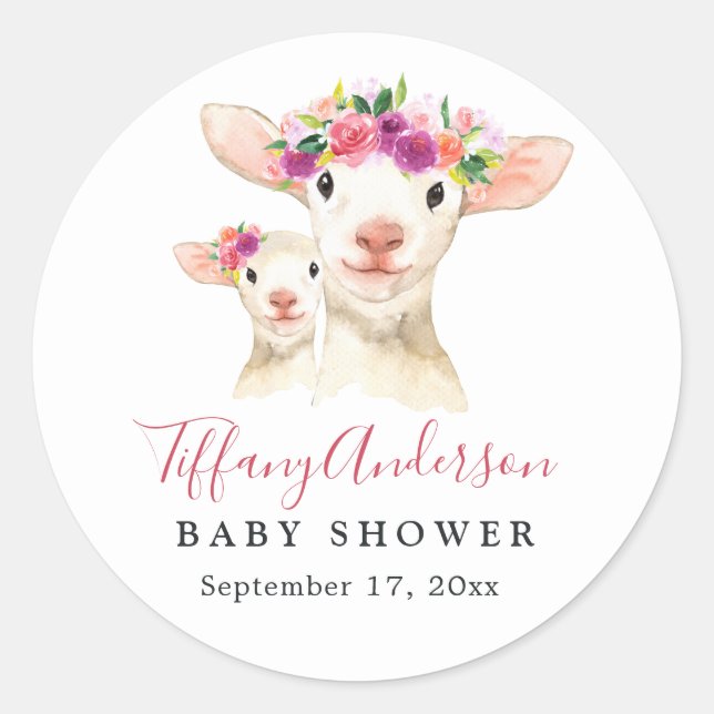 Sweet Mum And Baby Lamb Floral Baby Shower Sticker (Front)