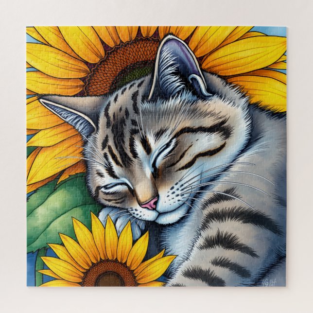 Sweet Napping Grey Cat and Sunflower Jigsaw Puzzle (Vertical)
