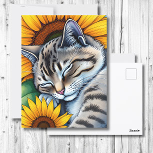 Sweet Napping Grey Cat and Sunflower Postcard