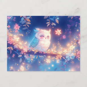 Sweet Napping Owl in Pink Flower Garden Postcard