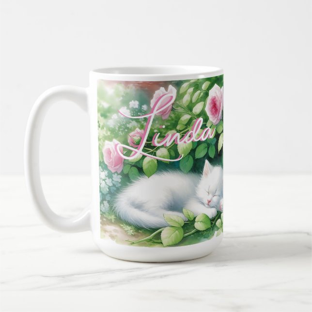 Sweet Napping White Kitten under a Rose Bush  Coffee Mug (Left)
