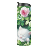 Sweet Napping White Kitten under a Rose Bush