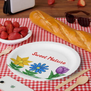 Sweet Nature Garden Flowers Purple Yelllow Blue Paper Plate