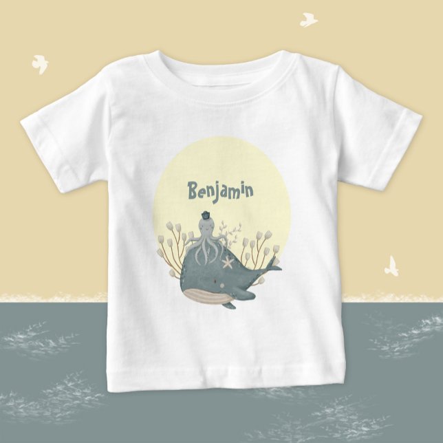 Sweet Nautical Whale Octopus Baby Shower  Baby T-Shirt (Sweet Nautical Whale Squid Watercolor Baby Shower Baby T-Shirt ©Susanne Sachers - Sunny Mind Design )