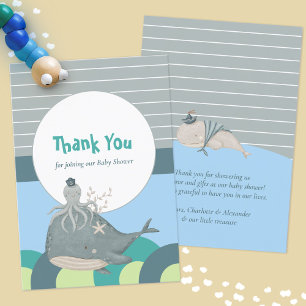 Sweet Nautical Whale Octopus Blue Baby Shower Thank You Card